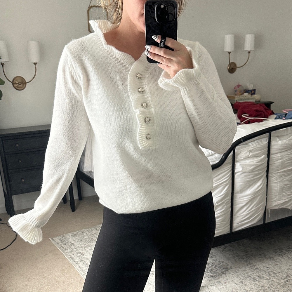 White Button Front Knit Sweater